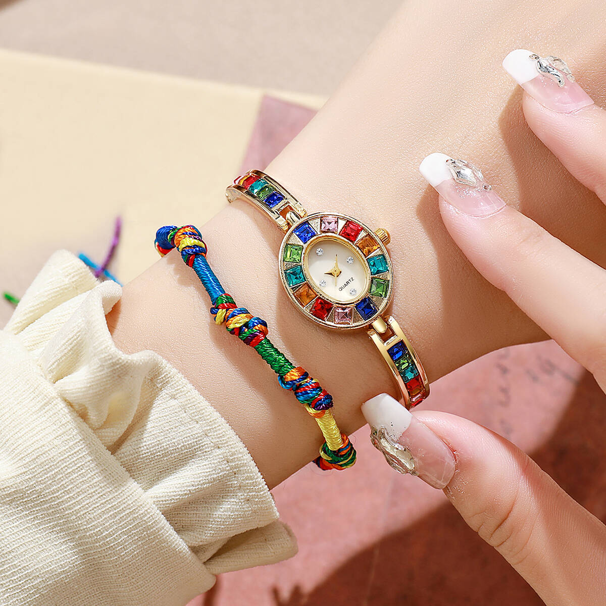 Luxury Watch Storage - 2-teiliges Set Luxus-Strass-Damenuhren, modisches Armband, Quarzuhr,