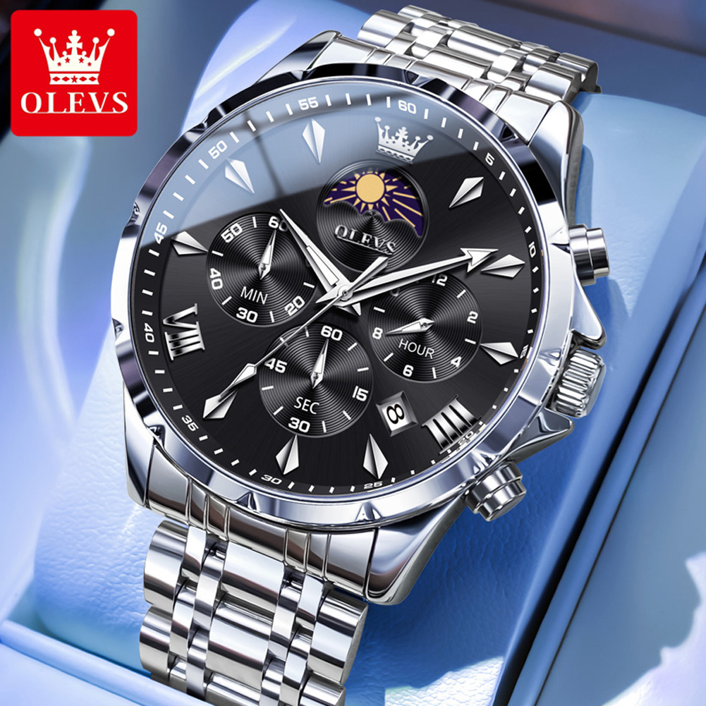 Luxury Watch Wallpaper - OLEVS 3653 Marken-Mondphasen-Kalender Herrenuhr Wasserdichte Quarzuhr